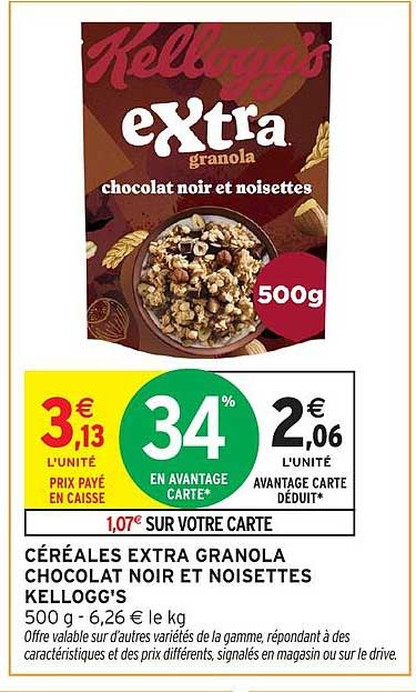 CÉRÉALES EXTRA GRANOLA CHOCOLAT NOIR ET NOISETTES KELLOGG'S