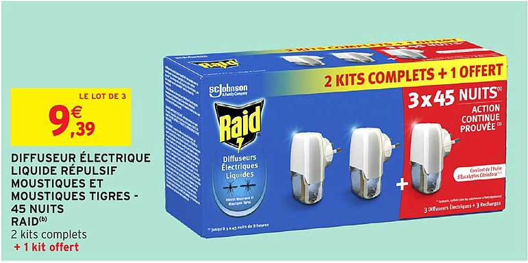 DIFFUSEUR ÉLECTRIQUE LIQUIDE RÉPULSIF MOUSTIQUES ET MOUSTIQUES TIGRES - 45 NUITSRaid