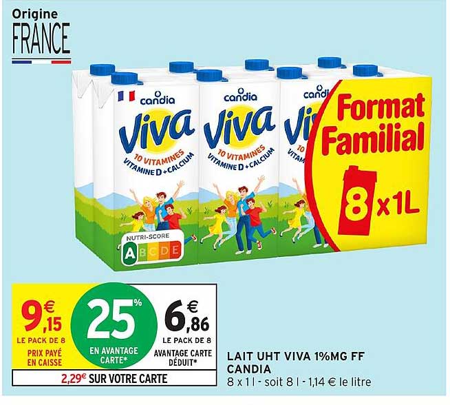 LAIT UHT VIVA 1%MG FF CANDIA 8 x 1L