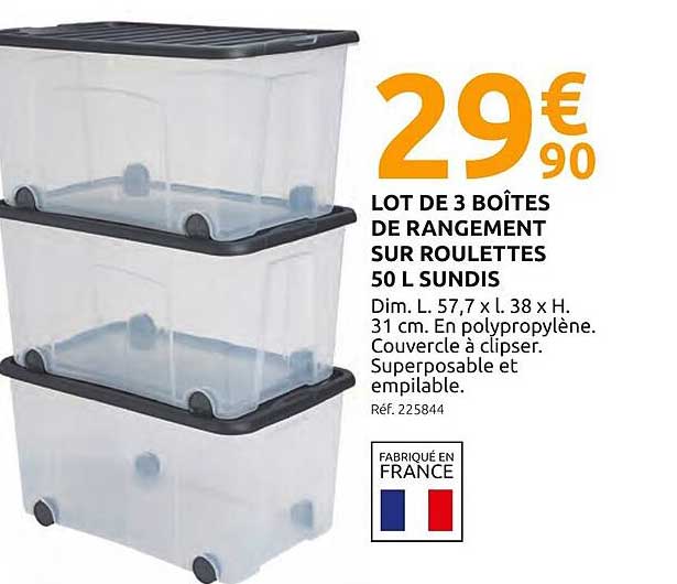 LOT DE 3 BOÎTES DE RANGEMENT SUR ROULETTES 50 L SUNDIS
