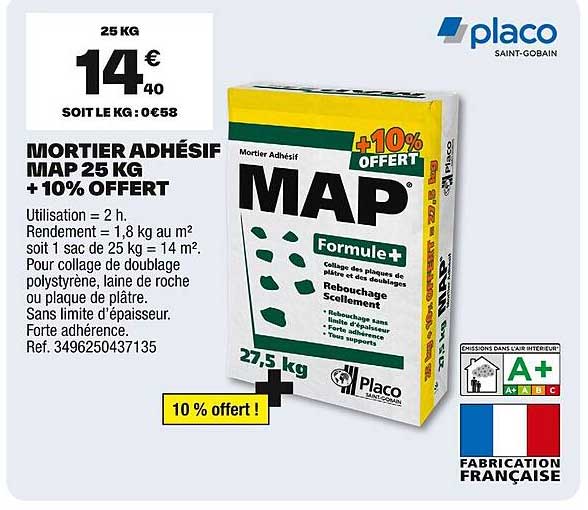 MORTIER ADHÉSIF MAP 25 KG + 10% OFFERT