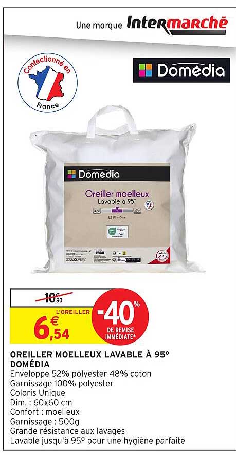 OREILLER MOELLEUX LAVABLE À 95° DOMÉDIA