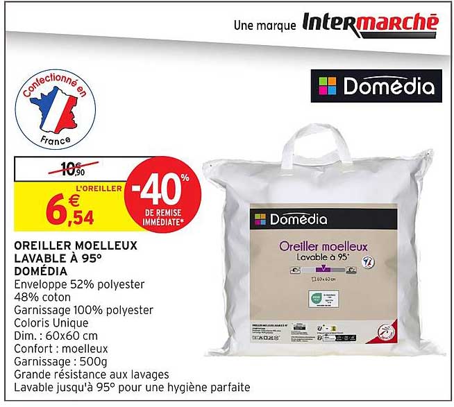 OREILLER MOELLEUX LAVABLE À 95° DOMÉDIA