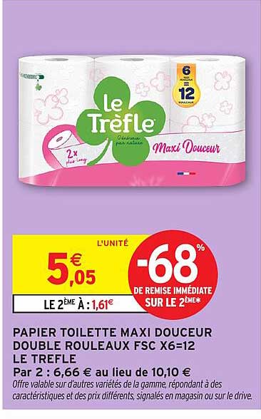 PAPIER TOILETTE MAXI DOUCEUR DOUBLE ROULEAUX FSC X6=12 LE TRÊFLE