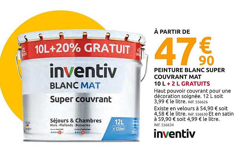PEINTURE BLANC SUPER COUVRANT MAT 10 L + 2 L GRATUITS