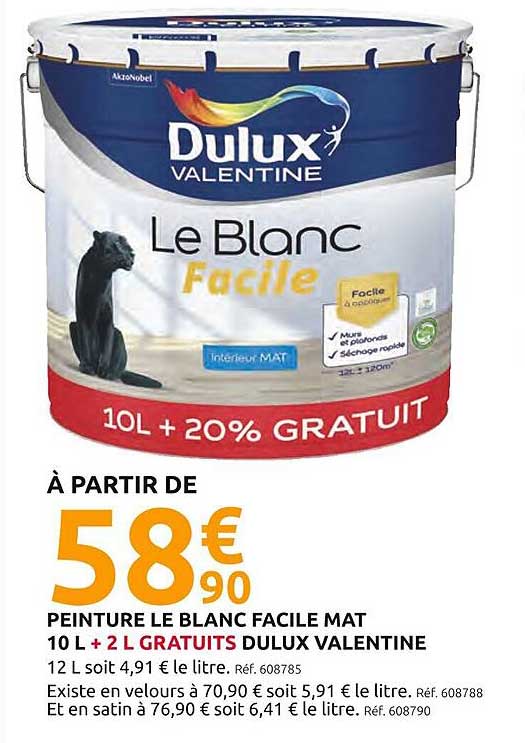 PEINTURE LE BLANC FACILE MAT 10 L + 2 L GRATUITS DULUX VALENTINE