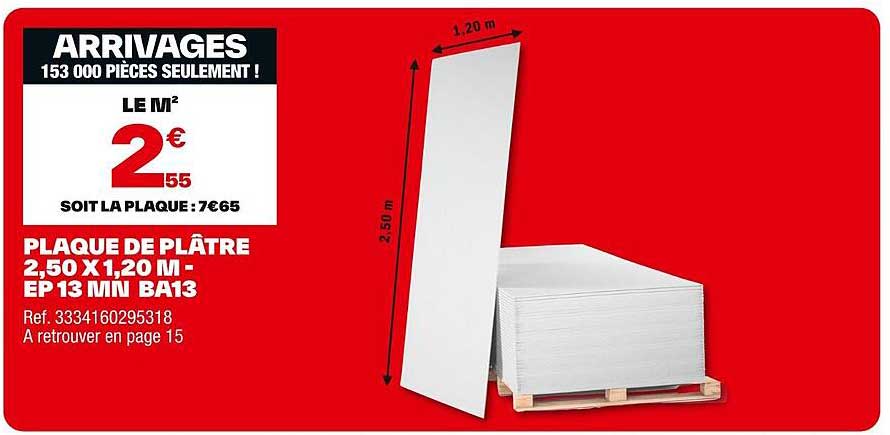 PLAQUE DE PLÂTRE 2,50 X 1,20 M - EP 13 MN BA13