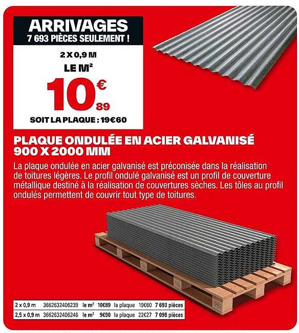 PLAQUE ONDULÉE EN ACIER GALVANISED 900 X 2000 MM
