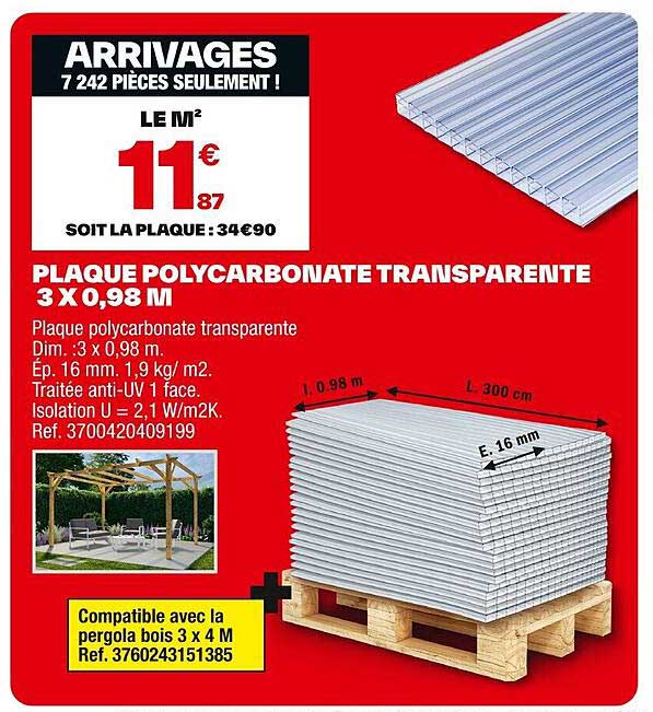 PLAQUE POLYCARBONATE TRANSPARENTE 3 X 0,98 M