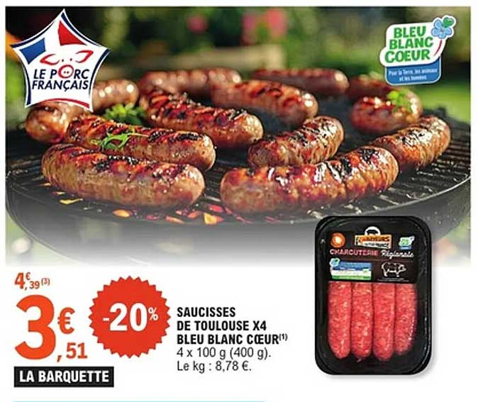 SAUCISSES DE TOULOUSE X4 BLEU BLANC COEUR