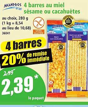 4 barres au miel sésame ou cacahuètes