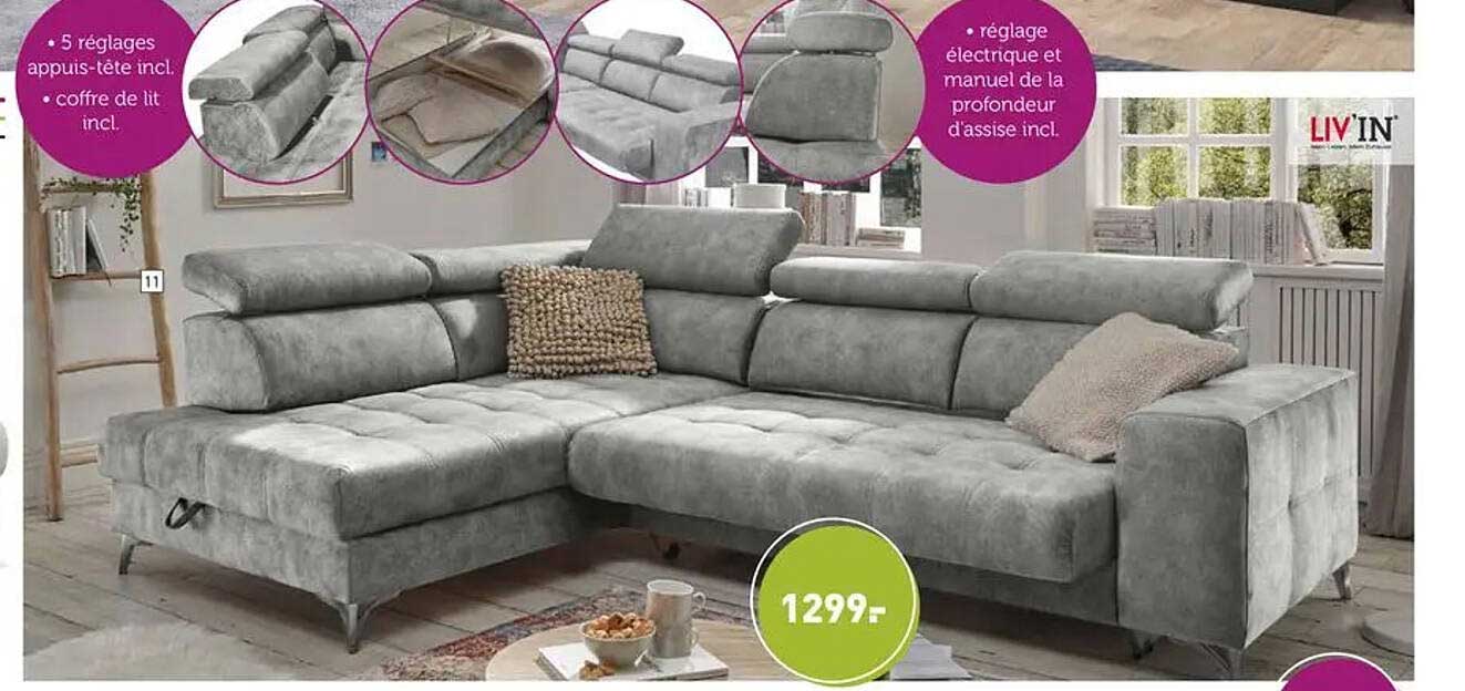5 réglages appuis-tête incl. • coffre de lit incl. • réglage électrique et manuel de la profondeur d'assise incl.