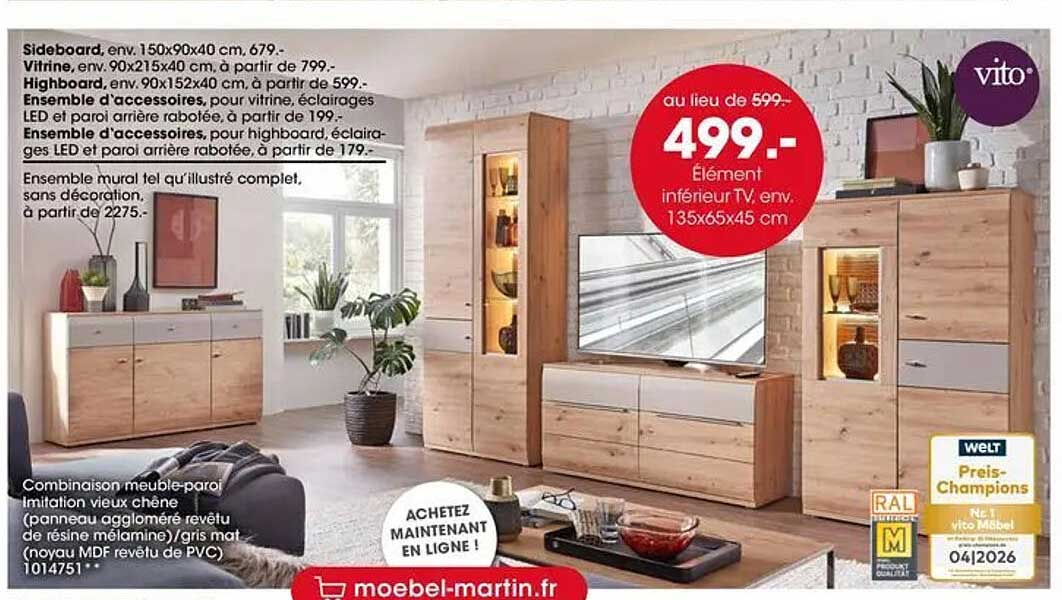 au lieu de 599.- 499.- Élément inférieur TV env. 135x65x45 cm