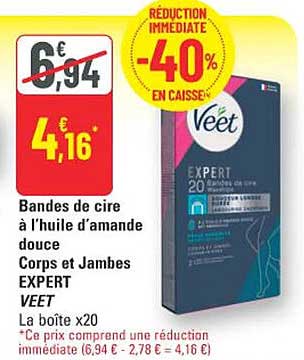 Bandes de cire à l’huile d’amande douce Corps et Jambes EXPERT VEET La boîte x20