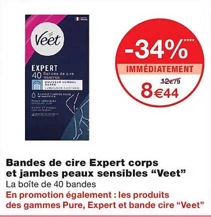 Bandes de cire Expert corps et jambes peaux sensibles “Veet”