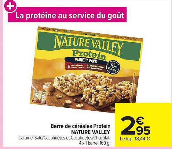 Barre de céréales Protein NATURE VALLEY Caramel Salé/Cacahuètes et Cacahuètes/Chocolat, 4 x 1 barre, 160 g.