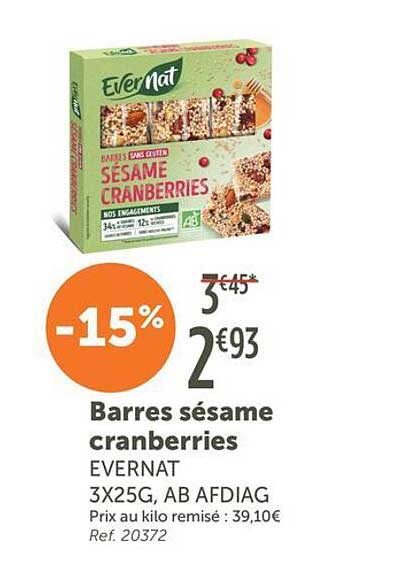 Barres sésame cranberries EVERNAT 3X25G, AB AFDIAG