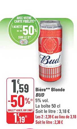 Bière** Blonde BUD 5% vol. La boîte 50 cl