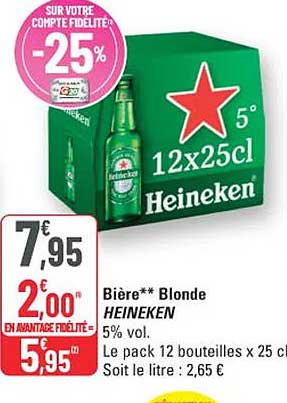 BIère** Blonde HEINEKEN 5% vol. Le pack 12 bouteilles x 25 cl Soit le litre : 2,65 €