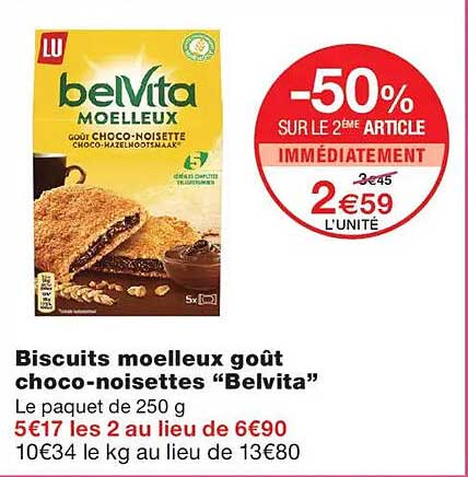 Biscuits moelleux goût choco-noisettes “Belvita”