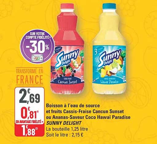Boisson à l'eau de source et fruits Cassis-Fraise Cancun Sunset ou Ananas-Saveur Coco Hawaï Paradise SUNNY DELIGHT