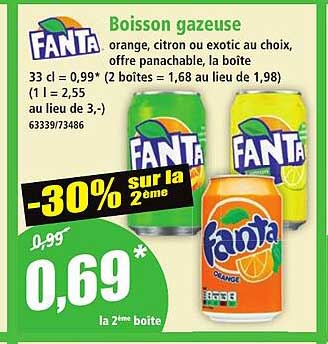 Boisson gazeuse orange, citron ou exotic au choix, offerte en pack ou en pack particulier.