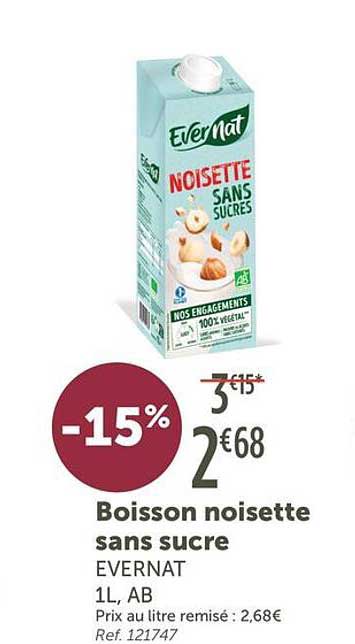Boisson noisette sans sucre EVERNAT 1L, AB