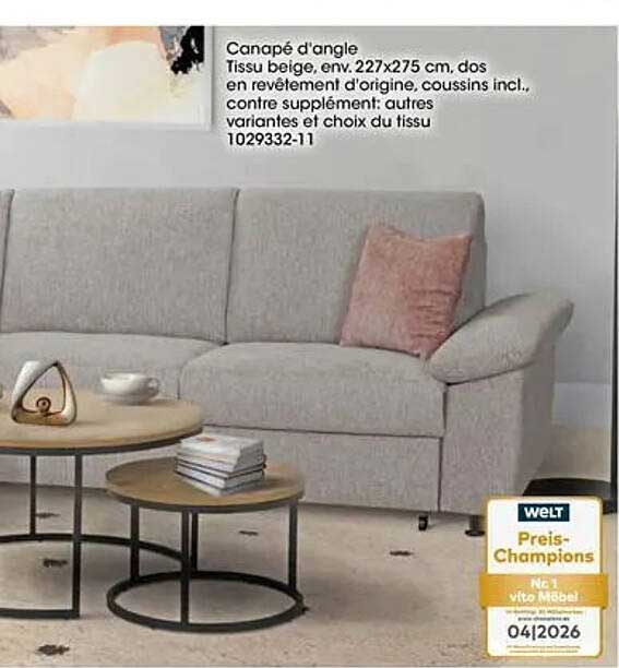 Canapé d'angle Tissu beige env. 227x275 cm, dos en revêtement d'origine, coussins incl., contre supplément: autres variantes et choix du tissu 1029332-11