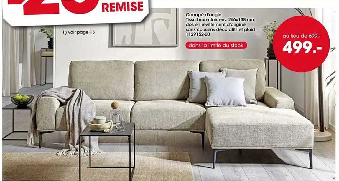 Canapé d'angle Tissu brun clair env. 266x138 cm, dos en revêtement d'origine, sans coussins décoratifs et plaid 1129152-00