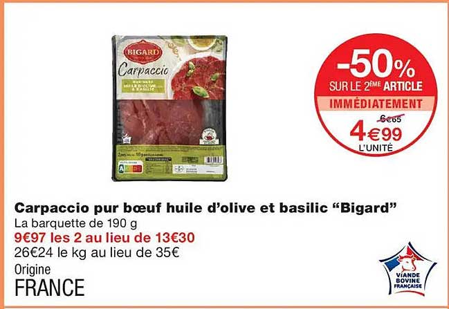 Carpaccio pur boeuf huile d’olive et basilic “Bigard”