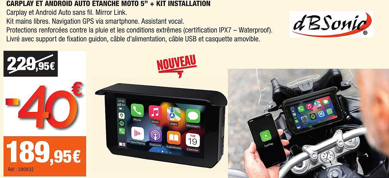 CARPLAY ET ANDROID AUTO ÉTANCHE MOTO 5” + KIT INSTALLATION