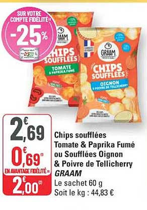 Chips soufflées Tomate & Paprika Fumé ou Soufflées Oignon Poivre de Tellicherry GRAAM