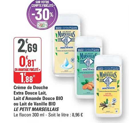 Crème de Douche Extra Douce Lait, Lait d’Amande Douce BIO ou Lait de Vanille BIO LE PETIT MARSEILLAIS
