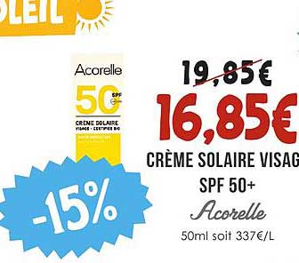 CRÈME SOLAIRE VISAGE SPF 50+ Acorelle 50ml soit 337€/L