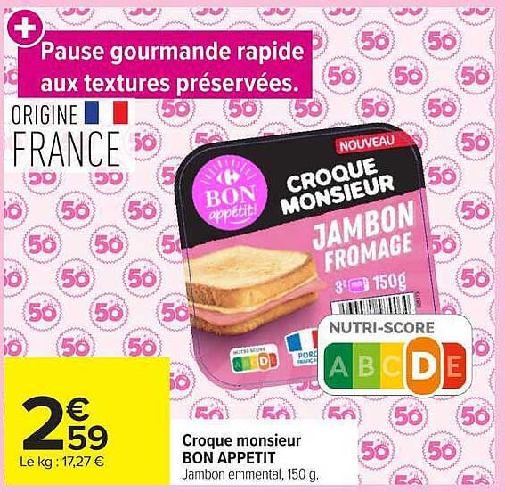 Croque monsieur BON APPETIT Jambon emmental, 150 g.