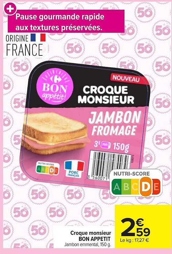 Croque monsieur BON APPETIT Jambon emmental, 150 g.