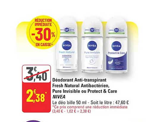 Déodorant Anti-transpirant Fresh Natural Antibactérien, Pure Invisible ou Protect & Care NIVEA