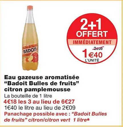 Eau gazeuse aromatisée “Badoit Bulles de fruits” citron pamplemousse