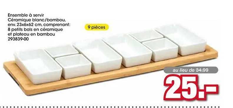 Ensemble à servir Céramique blanc/bambou, env. 23x6x2 cm, comprenant: 8 petits bols en céramique et plateau en bambou 293839-00