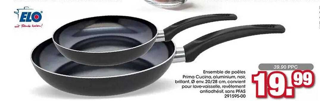 Ensemble de poêles Prima Cucina, aluminium, noir, brillant, Ø env. 20/28 cm, convient pour lave-vaisselle, revêtement antiadhésif, sans PFAS