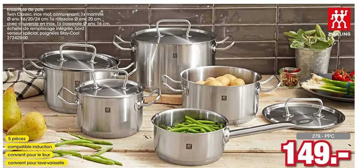 Ensemble de poêles Twin Classic, inox mat, comprenant: 1x marmite Ø env. 16/20/24 cm, 1x faitout Ø env. 20 cm, avec couvercle en inox, 1x casserole Ø env. 16 cm, échelle de remplissage intégrée, bord verseur spécial, poignées Stay-Cool 27242500