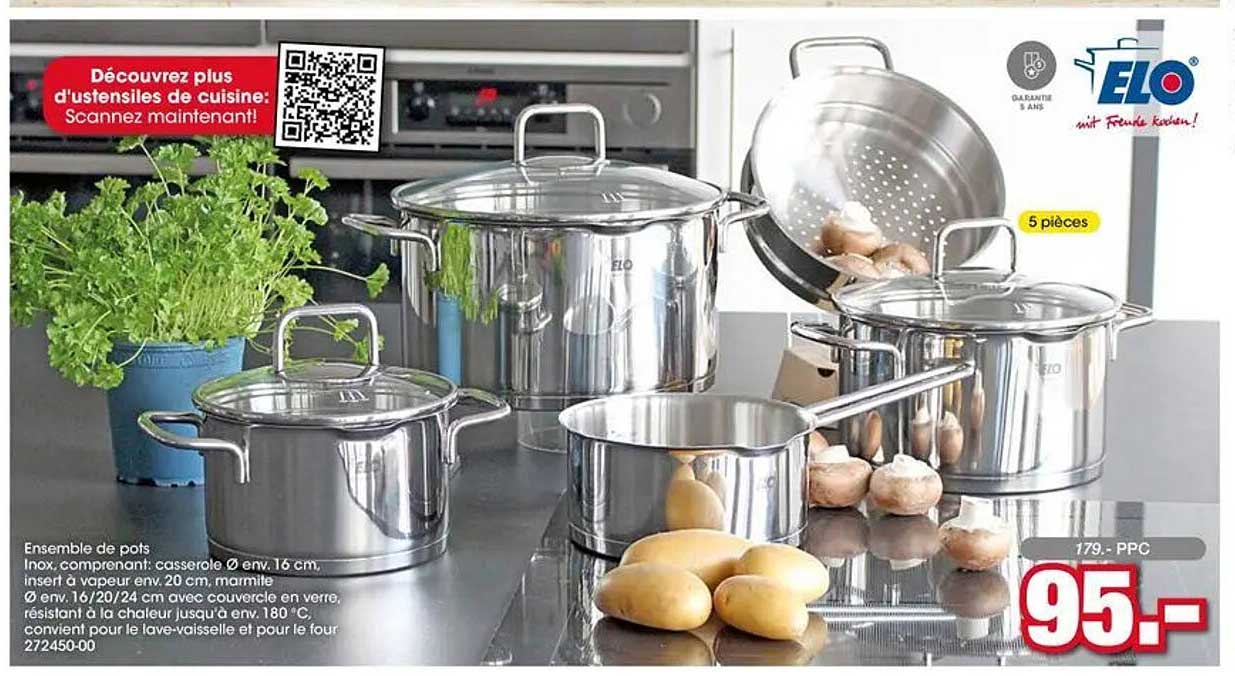 Ensemble de pots Inox, comprenant: casserole Ø env. 16 cm, insert à vapeur env. 20 cm, marmite Ø env. 16/20/24 cm avec couvercle en verre, résistant à la chaleur jusqu’à env. 180 °C, convenant pour le lave-vaisselle et pour le four