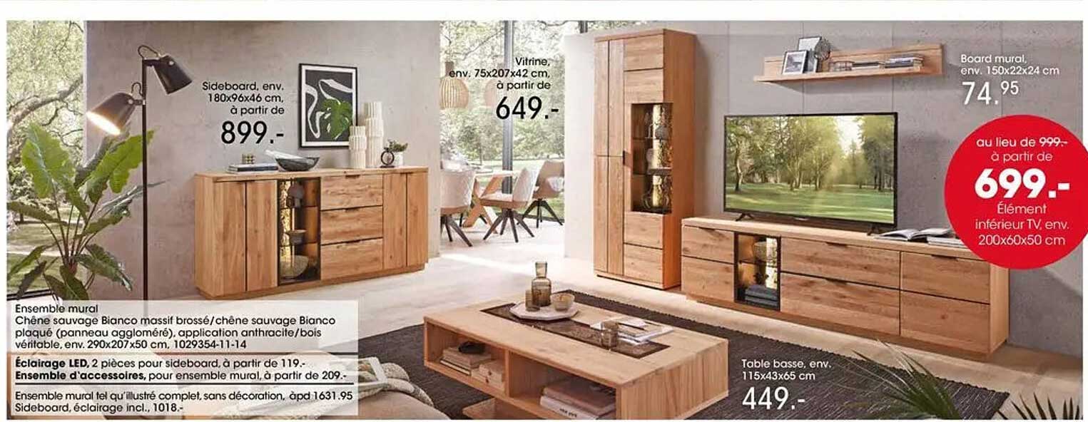 Ensemble mural Chêne sauvage Bianco massif brossé/chêne sauvage Bianco plaqué (panneau aggloméré), application anthracite/bois véritable, env. 290x207x50 cm, 1029354-11-14