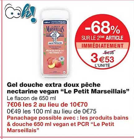 Gel douche extra doux pêche nectarine vegan “Le Petit Marseillais”