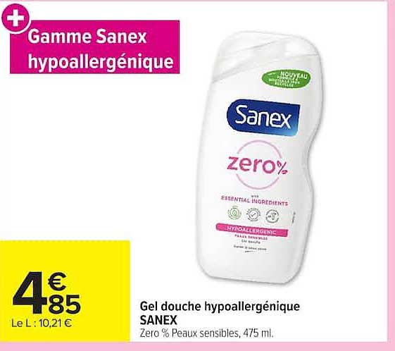 Gel douche hypoallergénique SANEX Zero % Peaux sensibles, 475 ml.