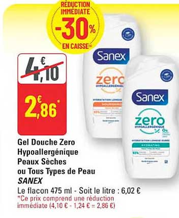 Gel Douche Zero Hypoallergénique Peaux Sèches ou Tous Types de Peau SANEX