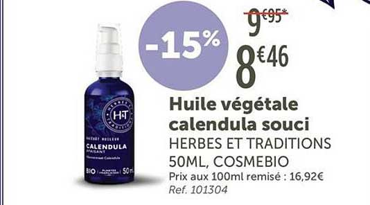 Huile végétale calendula souci HERBES ET TRADITIONS 50ML, COSMEBIO