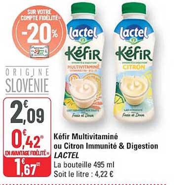 Kéfir Multivitaminé ou Citron Immunité & Digestion LACTEL