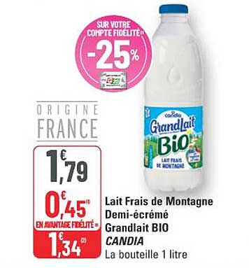 Lait Frais de Montagne Demi-écrémé Grandlait BIO CANDIA