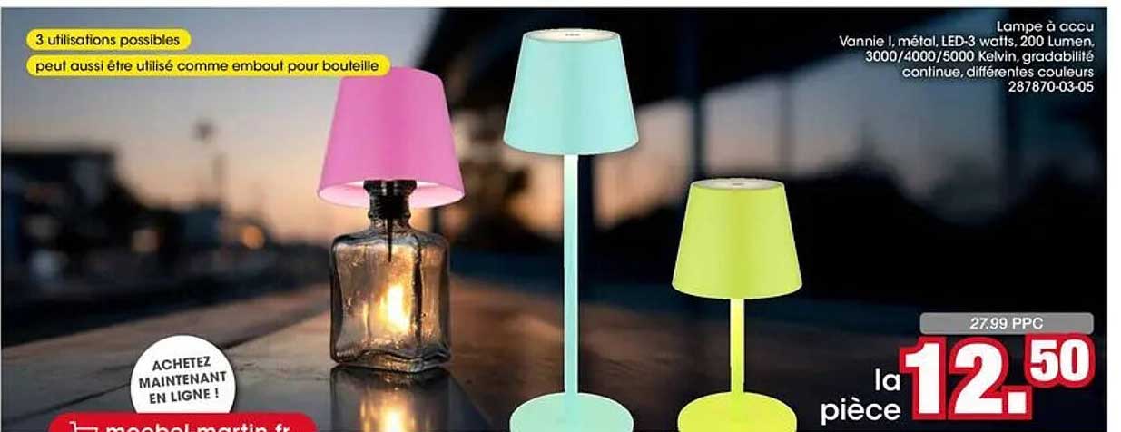 Lampe à accu Vannie I, métal, LED-3 watts, 200 Lumen, 3000/4000/5000 Kelvin, gradabilité continue, différentes couleurs 287870-03-05